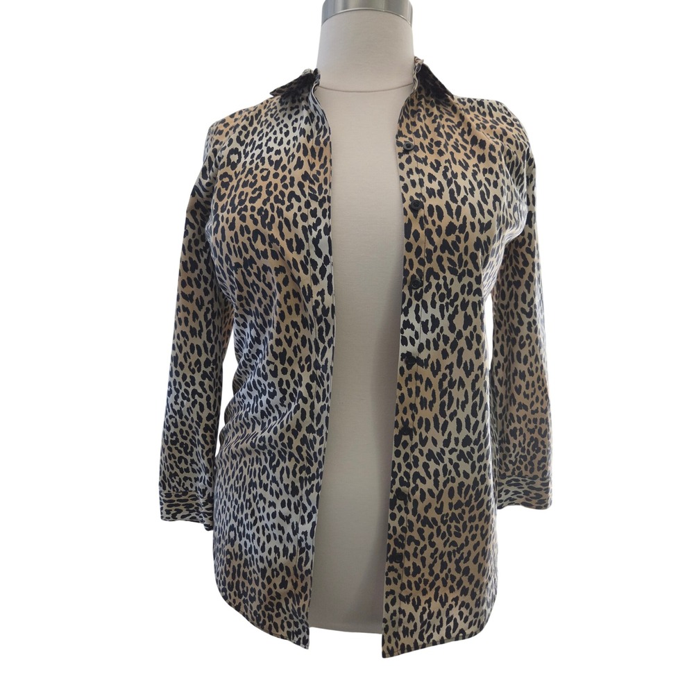 Chicos No-Iron Leopard Print Cotton Button Down Shirt Tan Black Womens Size 1